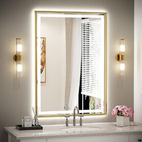30X36 Inch Gold Frame Led Mirror,Backlit and Front Bathroom Mirror with Lights,Wall Mounted Double LED Dimmable Lighted Anti-Fog Vanity Mirror,Stepless 3 Colors Temperature 3000K-6000K