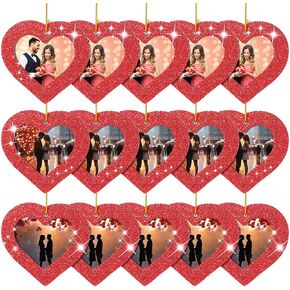 Jetec 15 Pieces Valentine's Day Magnetic Photo Frames Heart Shape Glitter Picture Frame Hanging Ornaments with 13.12 Feet Gold Thread for Valentine Decor Home Wedding Holiday Party Supplies