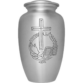 Silver Cross Funeral Urn - Cremation Urn for Human Ashes - Hand Made in Aluminum - Suitable for Cemetery Burial or Niche - Large Size fits remains of Adults up to 200 lbs - Peaceful Rest