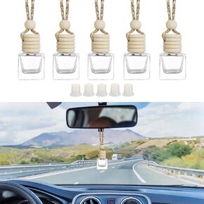 5PCS 8ml Hanging Car Air Freshener Diffuser, Empty Clear Glass Essential Diffuser Oil Aromatherapy Fragrance Perfume Pendant Glass Vials with Wooden Caps & Hanging String, Cylindrical