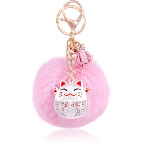 Faux Fur Ball Cat Keychain Cute Pink Plush Keychain for Girls, Kawaii Pom Pom Bag Charm for Women Purse Handbags Backpack