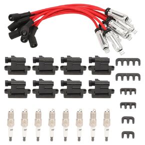 8Pcs UF-271 Square Ignition Coils & Spark Plugs & Wires Set Fit for Silverado 1500 2500 3500 Tahoe Sierra Yukon Savana H2 Escalade 4.8L 5.3L 6.0L 8.1L D581 41-962 12556893 12558693 M8-48322R