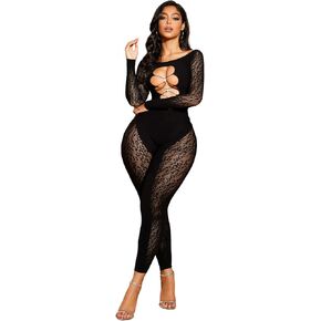 Women's Long Sleeve Mesh Jumpsuit Hollow Out Party Outfits Glow Party Club One Piece Mesh Full Body Rave Outfits Sheer Bodycon