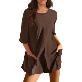 Womens Oversized Shorts Romper Short Sleeve Crewneck Workout Tee Jumpsuits with Pockets
