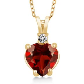 Gem Stone King 2.07 Cttw 8MM Heart Shape Red Garnet and 2.5MM Round White Diamond 14K Yellow Gold Pendant Necklace for Women with 18 Inch Gold Chain