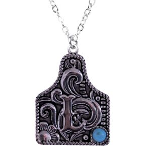 Western Cattle Tag Initial Necklace, 925 Sterling Silver, Kingman Turquoise,19 inches