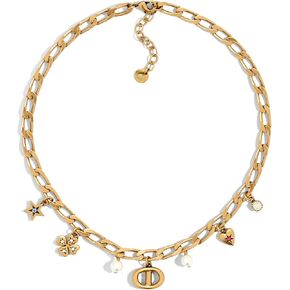 18k Gold Pearl Letter Lucky Charm Pendant Necklace for Women, Adjustable Chain with Heart, Star, Clover Charms, Fashion Jewelry Gift for Women