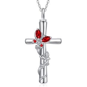 Butterfly Cross Urn Necklaces for Ashes Women White Gold Plated S925 Sterling Silver w/Funnel Filler Memorial Cremation Jewelry with Birthstone Gifts for Women