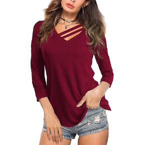 Decrum 3/4 Length Sleeve Womens Tops - Trendy Quarter Sleeves 2 Band V Neck T Shirts for Women