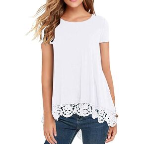 QIXING Women Tops Lace Trim O Neck A Line Tunic Blouse