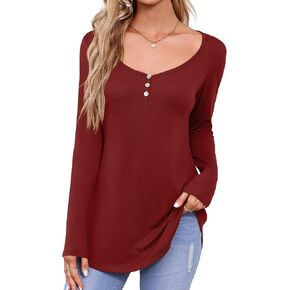 Amoretu Women's Long Sleeve Tunics Button Round Neck T Shirts Curved Hem Casual Tops