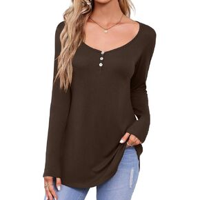 تي شيرت Amoretu نسائي طويل الأكمام بأزرار ورقبة دائرية وقمصان علوية كاجوال بحاشية منحنية in Kuwait