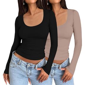 2 Pack Women's Long Sleeve Tops Scoop Neck Slim Fit T Shirt Tunic Tops Basic Shirts Tight Tee Fitted Shirt