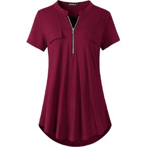 ZENNILO Women's Shirt Zip Plaid V Neck Short Sleeve Casual Summer Tunic Tops