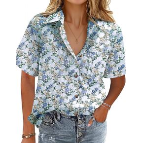 HOTOUCH Cotton Linen Button Down Shirt for Women V Neck Collared Blouse Casual Short Sleeve Tops with Pocket