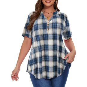 MONNURO Womens Plus Size Tops Short Sleeve Henley Button Down T Shirts Blouses