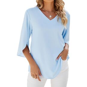Womens 2024 Casual V-Neck Loose Dressy Tunic Top Ruffle 3/4 Sleeve Chiffon Blouse Shirt Tops