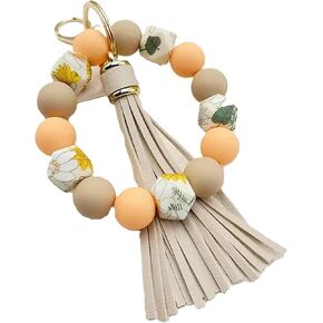 Silicone Beaded Keychain Bracelet Key Ring with Leather Tassel,Leopard Key Chain Holder Wristlet Bangle for Women