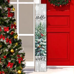 Welcome Sign for Front Porch Standing, Hello Winter Porch Sign for Xmas Front Door Decorations, Rustic Farmhouse Red Hanging Signs Wall Sign for Christmas Happy New Year Decor