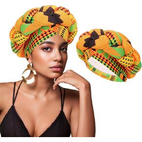 XEPST African Turban Head Wraps Big Braid Cross Turban Hat for Women, Printed Head Wrap Pre-Tied Stretchy Soft Chemo Headwear for Women, Yellow