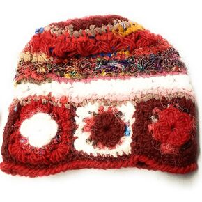 Hand Knit Wool + Recycled Silk Fibers Beanie Hat with Flower Patchwork Detail Fleece Lined Made in Nepal