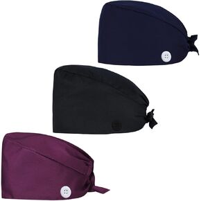 3pcs Solid Surgical Scrub Cap Medical Nurse Doctor Cap Surgeons Cap with Sweatband & Botton for Womens & Mens