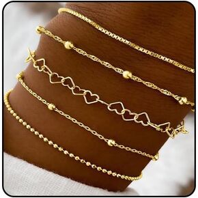 5Pcs Layered Heart Beaded Bracelets Set for Women, Charming Twisted Link Chain Bangles Round Beads Bracelets Stackable Hollow Heart Hand Jewelry