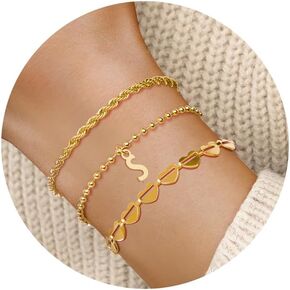 3PCS Gold Initial Bracelets for Women Gold Charm Plated Bracelet Stack Stackable 14k Gold Letter Chain Heart Bracelet Women Gold Jewelry Beaded Bracelet Gifts