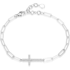 Amazon Essentials Cubic Zirconia Horizontal Cross Paperclip Chain Link Bracelet in Sterling Silver, 6.25" + 1.5" Extender (previously Amazon Collection)