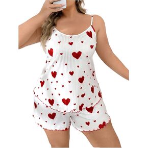 OYOANGLE Women's Plus Size 2 Piece Pajamas Set Graphic Print Cami Top and Shorts Loungewear