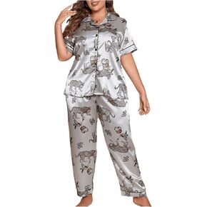WDIRARA Women's Plus Size Animal Satin Pajama Set with Pocket Collared Neck Short Sleeve Tops and Pants