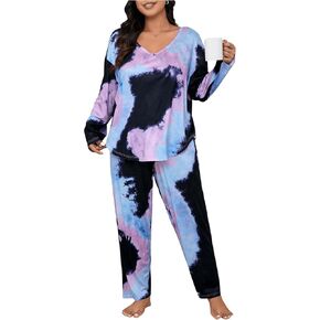 SweatyRocks Women's Plus Size Lounge Set Tie Dye V Neck Long Sleeve Top and Pants Set Sleepwear