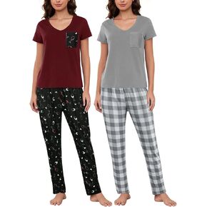 YIJIU 2 Pack Women's Pajama Sets Short Sleeve with Pocket Top and Long Pants Sleepwear Soft Printed Pjs Lounge Set