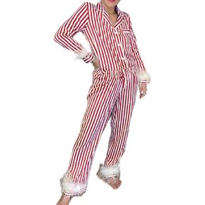 Women’s Christmas Luxury Satin Pajama Set Long Sleeve Stripe Bow Print Button Up Shirt Pants Coquettecore Loungewear in Kuwait