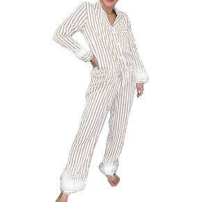Women’s Christmas Luxury Satin Pajama Set Long Sleeve Stripe Bow Print Button Up Shirt Pants Coquettecore Loungewear