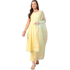Women's Yellow Lurex Cotton A-Line Kurta With Pant And Dupatta