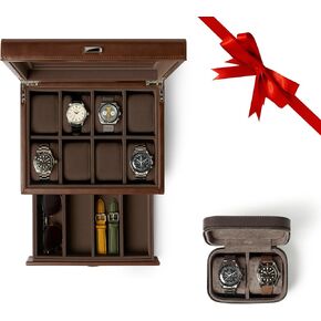 TAWBURY GIFT SET | Bayswater 8 Slot Watch Box with Drawer (Brown) and Fraser 2 Watch Travel Case (Brown)