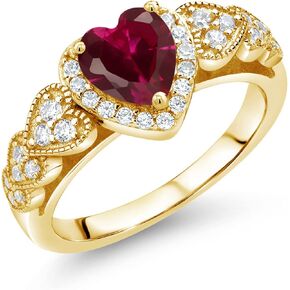 Gem Stone King 18K Yellow Gold Plated Silver Heart Shape Red Created Ruby and Moissanite Ring For Women (1.14 Cttw, Available In Size 5, 6, 7, 8, 9)