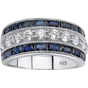 PalmBeach Platinum-plated Sterling Silver Round Cubic Zirconia and Emerald Cut Synthetic Blue Sapphire Ring Sizes 6-10