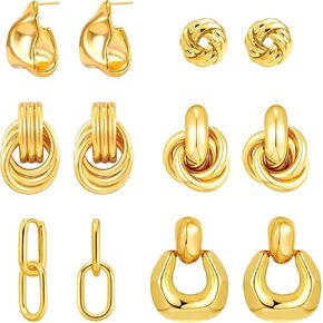 6 Pairs Gold Dangle Earrings for Women, 14K Gold Plated Earrings Geometric Knot Drop Huggie Earrings Trendy Jewelry Gifts