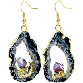 SUNYIK Natural Agate Geode Slice Quartz Druzy Dangle Earrings,with Amethyst Crystal,Gold Plated Drop Earring