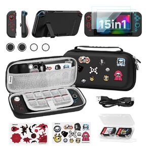 JEMDO Switch Bundle Storage Bag Set Compatible with Nintendo Switch,15in1 Carrying Case Accessories Kit ,Travel Case with Protective case, Screen Protector, Thumb Grip, Game Card Case
