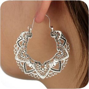 Vintage 925 Sterling Silver Filigree Hoop Earrings Bohemian for Women Intricate & Delicate Cutout Design Details Tribal Floral Gypsy Lightweight Metallic Statement Earrings（Silver）