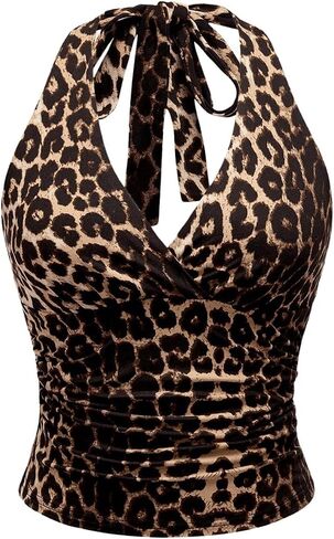 SweatyRocks Women's Leopard Print Crop Halter Tops Summer Sleeveless Wrap V Neck Ruched Tank Tops in Saudi Arabia