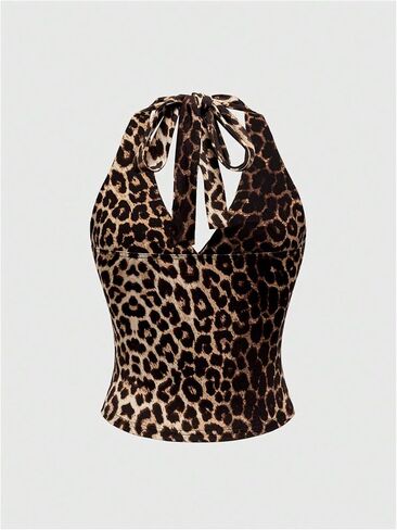 SweatyRocks Women's Leopard Print Crop Halter Tops Summer Sleeveless Wrap V Neck Ruched Tank Tops in Saudi Arabia