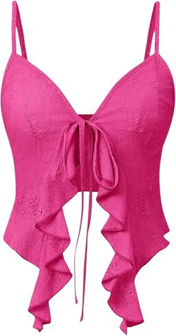 SHENHE Women's Open Front Tie Top Asymmetrical Ruffle V Neck Sexy Split Crop Cami Top in Saudi Arabia
