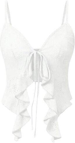 SHENHE Women's Open Front Tie Top Asymmetrical Ruffle V Neck Sexy Split Crop Cami Top in Saudi Arabia