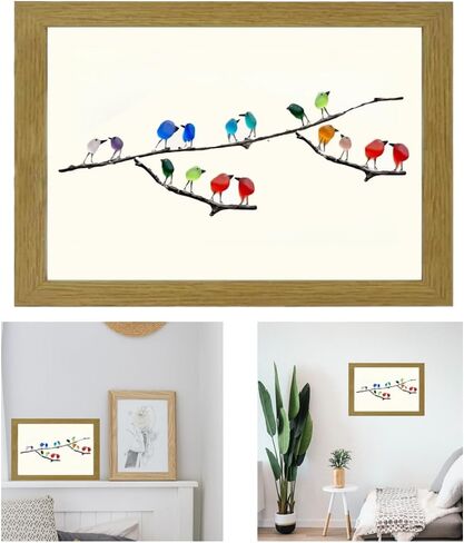 ديكور حائط فني من زجاج البحر مع إطار خشبي - 16 طائرًا من زجاج البحر مؤطر بألوان قوس قزح على فرع - ديكورات فنية جدارية مصنوعة يدويًا من الزجاج البحري - هدية عيد الميلاد للأم للأم in Kuwait