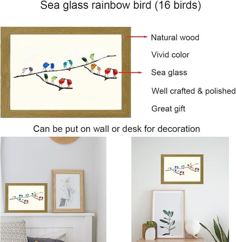 ديكور حائط فني من زجاج البحر مع إطار خشبي - 16 طائرًا من زجاج البحر مؤطر بألوان قوس قزح على فرع - ديكورات فنية جدارية مصنوعة يدويًا من الزجاج البحري - هدية عيد الميلاد للأم للأم in Kuwait