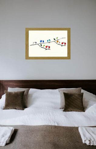 ديكور حائط فني من زجاج البحر مع إطار خشبي - 16 طائرًا من زجاج البحر مؤطر بألوان قوس قزح على فرع - ديكورات فنية جدارية مصنوعة يدويًا من الزجاج البحري - هدية عيد الميلاد للأم للأم in Kuwait